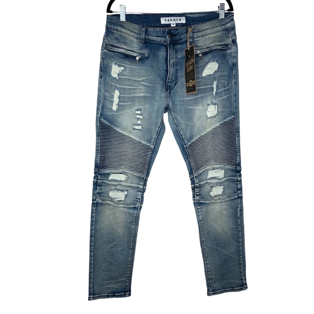 Reason Brand Mens Premium Denim Distressed Moto Jeans Blue 40x32 NWT Streetwear